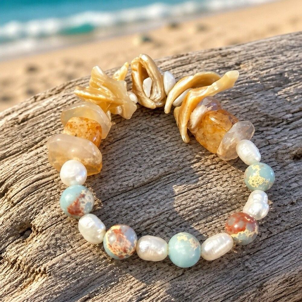 Bracelet,  Handmade, Pearls, Mop, Natural Polished Seashell, Agate, Aqua Jasper